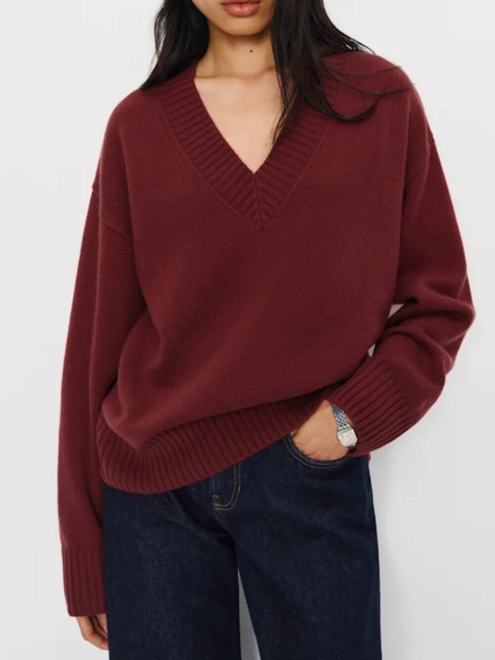 NWT Reformation Jadey Cashmere Oversized V-Neck Sweater (Chianti Red) - Medium